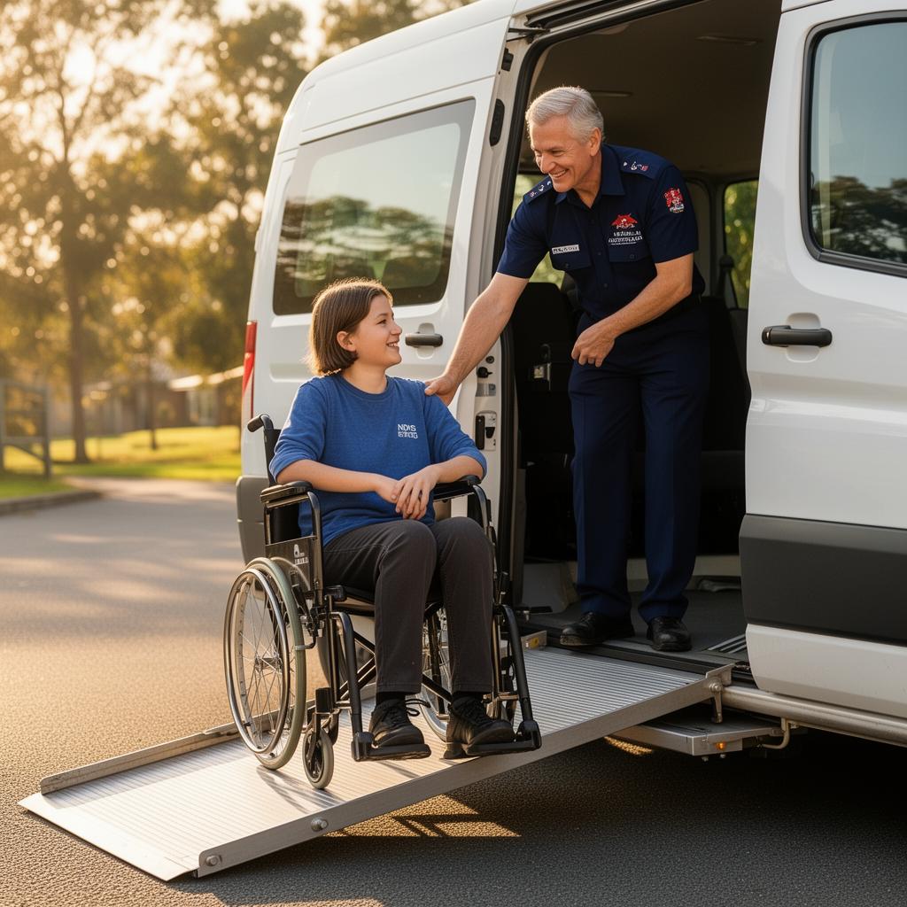 A CareDrive driver assisting a hospital patient into a healthcare transport vehicle for a medical appointment