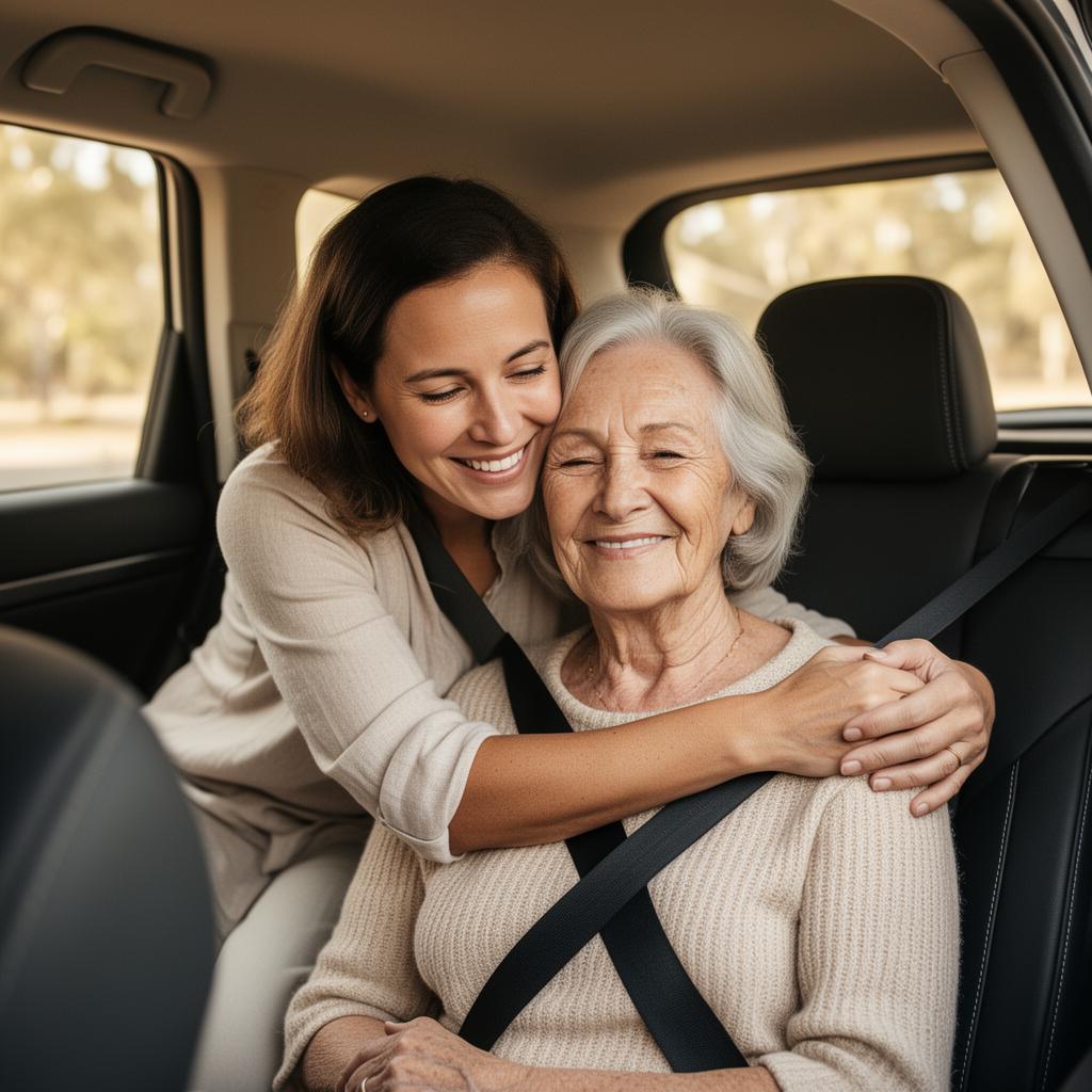 An adult daughter hugs her smiling elderly mother in a CareDrive vehicle